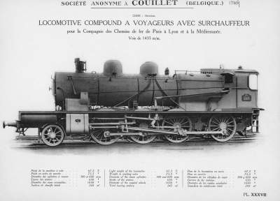 <b>Locomotive compound à voyageurs avec surchauffeur</b><br> pour la Compagnie des Chemins de fer de Paris à Lyon et à la Méditerranée<br>Voie de 1435 m/m 